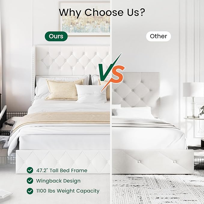 LARMACE King Size Bed Frame with 4 Storage Drawers and 47.2" Tall Wingback Headboard Velvet Upholstered Platform Bed Frame Tufted Beds with Wooden Slats Support, Easy Assembly, White