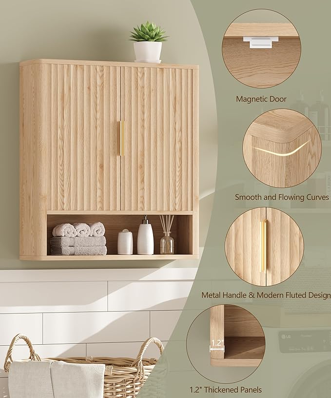 27.6"H Bathroom Wall Storage Cabinet with 2 Fluted Doors, Modern Medicine Cabinet with Adjustable Shelf, Curved Over the Toilet Storage Cabinet for Laundry Room, Kitchen & Living Room, Natural Oak
