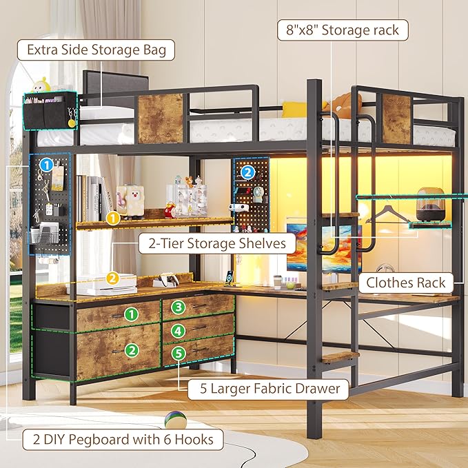 Dnxao Full Loft Bed with Desk and 5 Storage Drawers, 800lb Capacity Heavy Duty Metal Bed Frame for Adults & Teens, LED Lights, Charging Station, Pegboard & Shelves, Rustic Brown