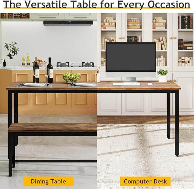 Rovibek 43" Dining Room Table Chairs Set for 4, Modern Space Saving Kitchen Table with 2 Benches & Adjustable Feet Breakfast Table, Wooden Industrial Style Farmhouse, Brown