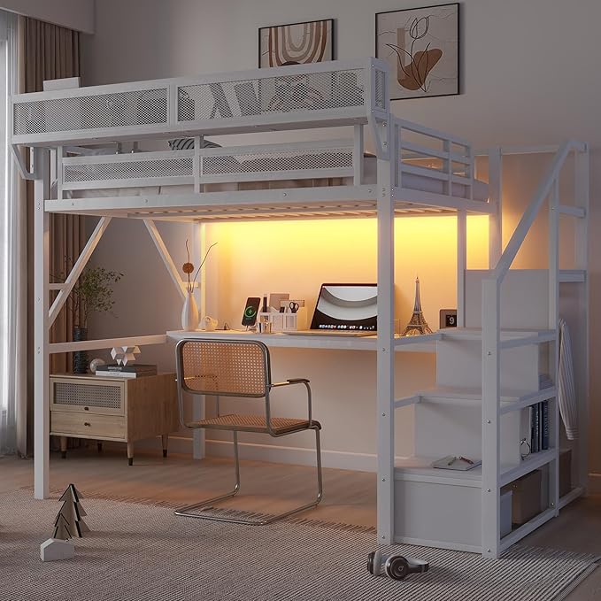 KEIKI Full Size Metal Loft Bed Frame with Desk, Staircase, Built-in Storage Shelves and Wardrobe, Modern Loft Bed with Solid Slats, Guardrail, No Box Spring Required, Easy Assembly, for Bedroom, White