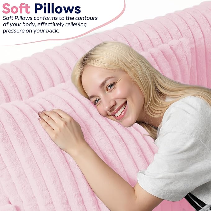 HABUTWAY 68" Loveseat Boneless Couch, 4-in-1 Convertible Sofa Bed, Plush Fur Folding Futon Sofa Bed Couches with 2 Pillows for Living Room, High-Density Foam Support, No Assembly Required, Pink