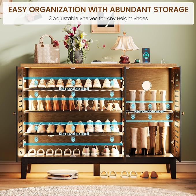 Vlsrka Shoe Cabinet with 3 Doors, Narrow Wooden Shoe Cabinet, Hidden Shoe Storage for Entryway, Foyer, Hallway (Black C)