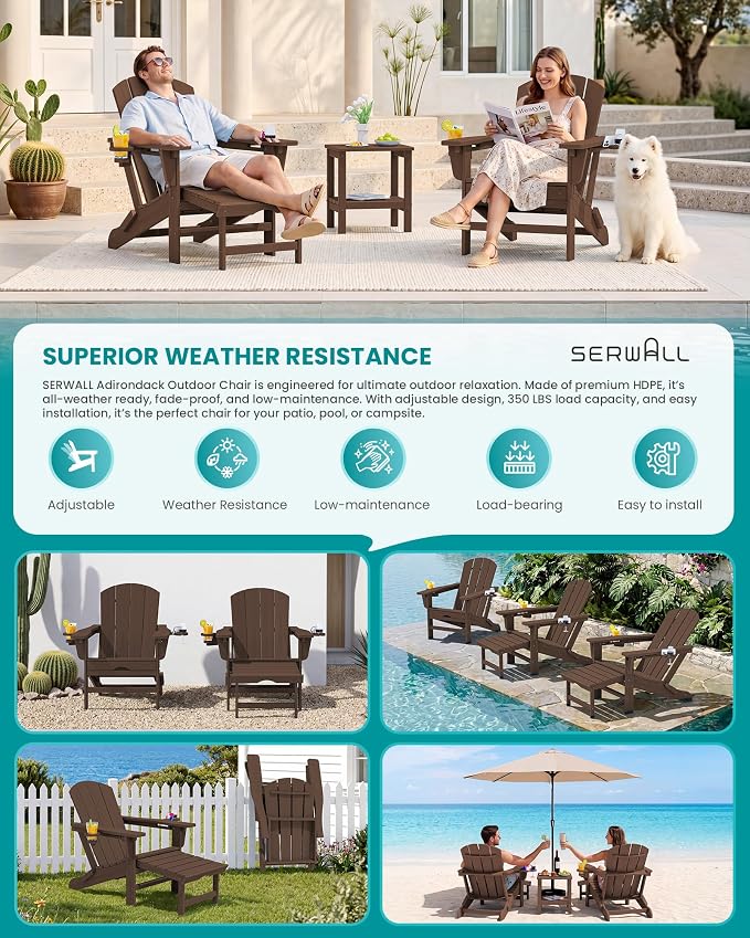 SERWALL Folding Adjustable Adirondack Chairs with Footrest Set of 2, HDPE Outdoor Chair with Dual Cup Holders, All Weather Adirondack Chair with Ottoman, Coffee