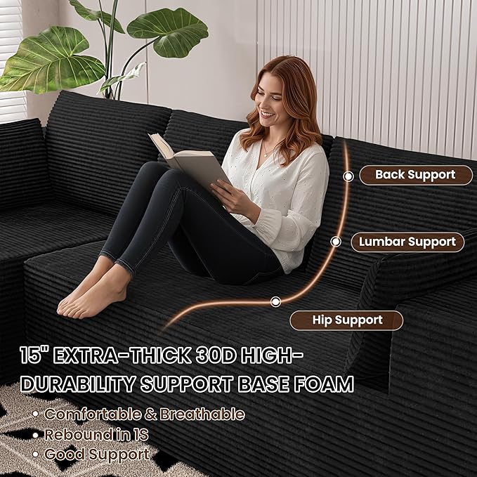 106" Cloud Sectional Boneless Couches for Living Room, Modular L Shaped Couch with Deep Seat Oversized Right Facing Chaise, Memory Foam Compressed Spineless 3 Seater Sofa for Apartment, Black