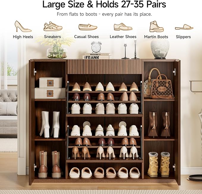 ONBRILL Large Shoe Cabinet with 2 Flip Drawers (3-Tier Each), 27-35 Pairs Shoe Organizer with Storage Drawer, 2 Doors & Open Shelf, 47.2'' Wide Shoe Storage Cabinet for Entryway Hallway (Walnut)