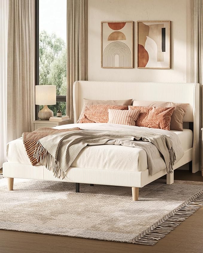 Bestier Queen Bed Frame with Wingback Headboard,Platform Queen Size Upholstered Bed with Strong Wooden Slats,No Box Spring Needed,Never Squeaks,Easy Assembly,Beige