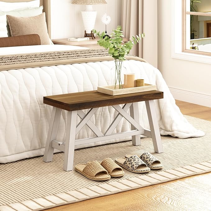 Wnutrees 30" Farmhouse Wood Bench, Rustic Solid Wood Entryway Bench Seat with Double X-Structure for Dining Area Living Room Hallway, Structural Stability, White