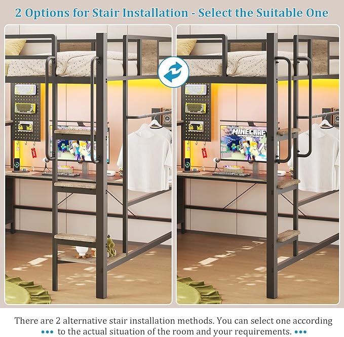 busyaeh Loft Bed Full Size with 5 Drawers & 3 Open Shelves and Charging Station，Full Size Loft Bed with Desk & LED Lights and Thickened Tread Stairs,Loft bed Space-Saving,No Box Spring Needed,Oak Gray