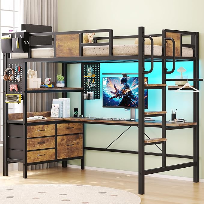 busyaeh Twin Loft Bed with Desk and Storage, Metal loft Bed with 5 Drawers and 2 Open Shelves, Heavy Duty Loft Bed Twin Size with LED Lights and Charging Station for Teens Adults, Vintage Brown