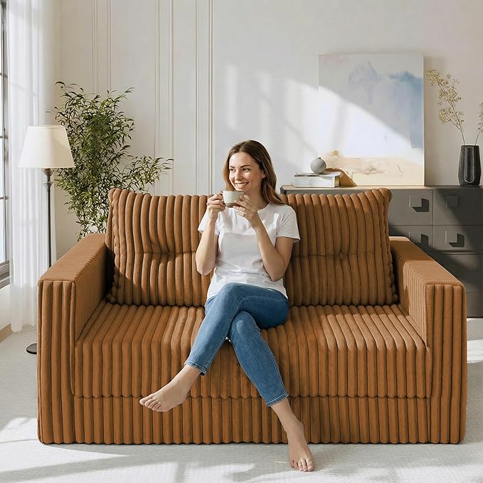 HABUTWAY 49.8" Loveseat Boneless Couch, 4-in-1 Convertible Sofa Bed, Plush Fur Folding Futon Sofa Bed Couches with a Pillow for Living Room, High-Density Foam Support, No Assembly Required, Orange