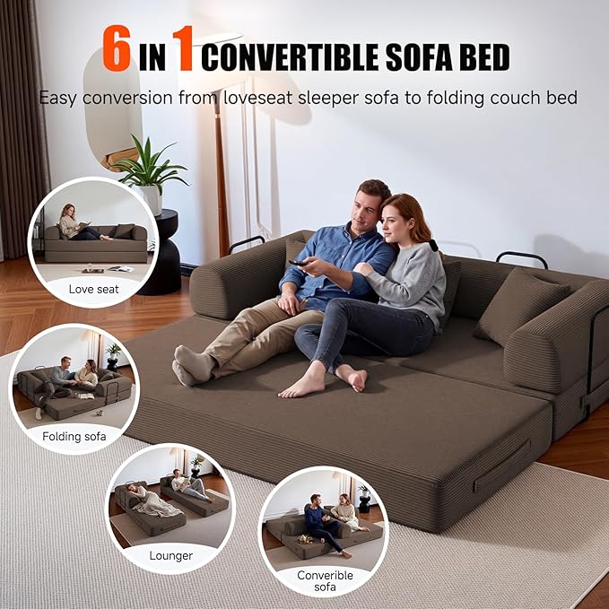 79" Compressed Sofa, Convertible Sofa Bed, Corduroy Compression Boneless Couch with Pillow, Comfy Modular Foldable Floor Sleeper Sofa for Bedroom, Living Room, Lounge, Studio (Brown)