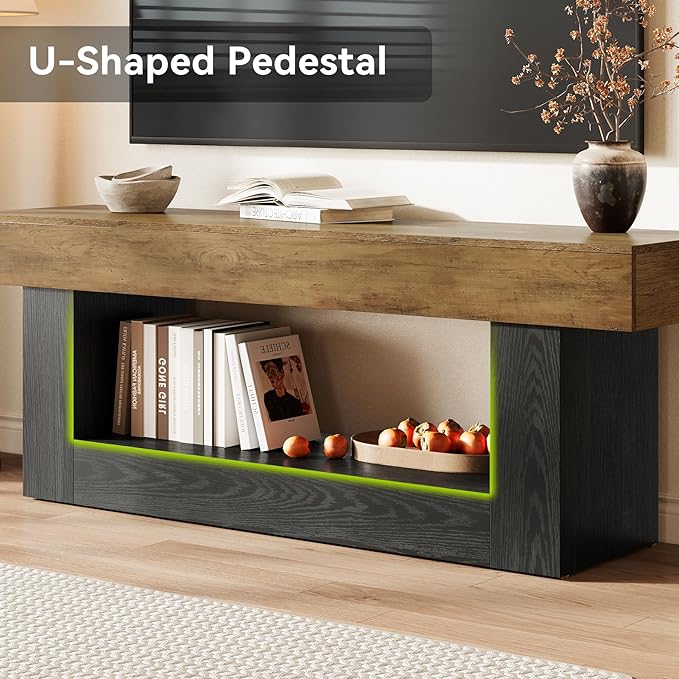 LITTLE TREE 63 Inches Long TV Stand for TVs Up to 70 Inches, Modern Television Stand for Living Room, Entertainment Center with U-Shaped Pedestal & Open Storage Shelf, Media TV Console, Brown & Black