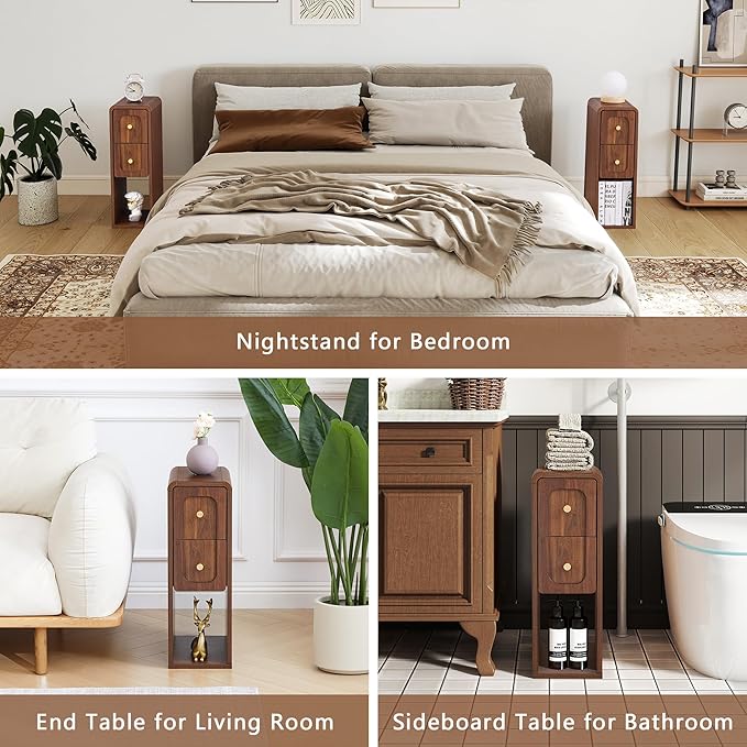 Small Nightstand Set of 2, Wooden Narrow Nightstands with 2 Drawers, Vintage Side End Table for Small Spaces, Skinny Night Stand, Bedside Table for Bedroom, Living Room (Walnut-2PCS)