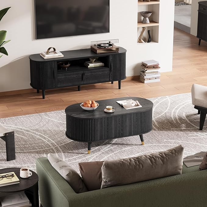 JOINICE 42.5" Oval Lift Top Coffee Table with Storage,Modern Black Center Table with Fluted Design, Solid Wood Legs & Hidden Compartment, Pop Up Coffee Table for Living Roomm