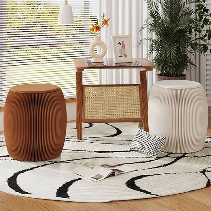 Drum-Shaped Collapsible Accordion Folding Stool, 660lbs Weight Capacity Kraft Paper Ottoman Seat with Cushion, Portable Space-Saving Foot Rest Stool for Home, Dorm & Office (15 Inch, White)