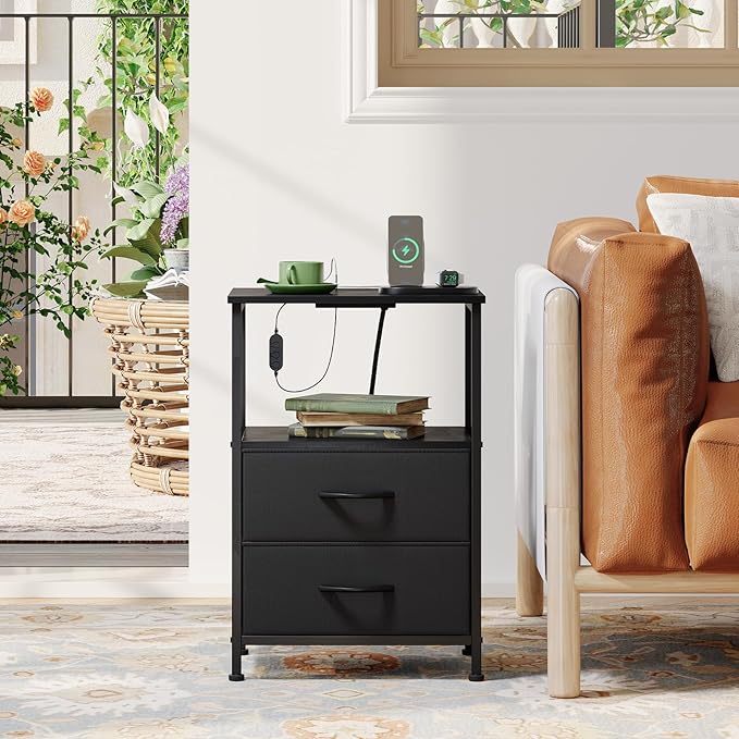 Somdot Black Nightstand with Charging Station and LED Light for Bedroom, 2 Drawers Dresser with Fabric Bins for Bedside Kids Dorm Room Closet Laundry Entryway, Black