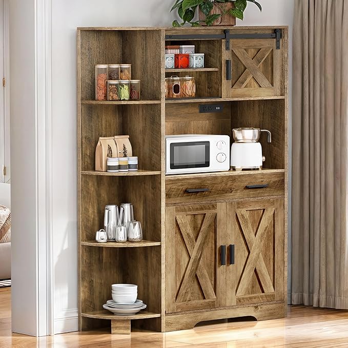 YITAHOME 67" Farmhouse Kitchen Pantry with Power Outlet, Sliding Barn Door Storage Cabinet w Charging Station, Freestanding Hutch with Shelves & Drawer, Microwave Stand Cupboard for Dining Room, Oak