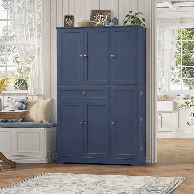 HOSTACK 68" Tall Kitchen Pantry Storage Cabinet, Modern Kitchen Hutch Cabinet with Doors and Shelves, Freestanding Food Pantry with Large Storage Drawer for Dining Room, Living Room, Navy Blue