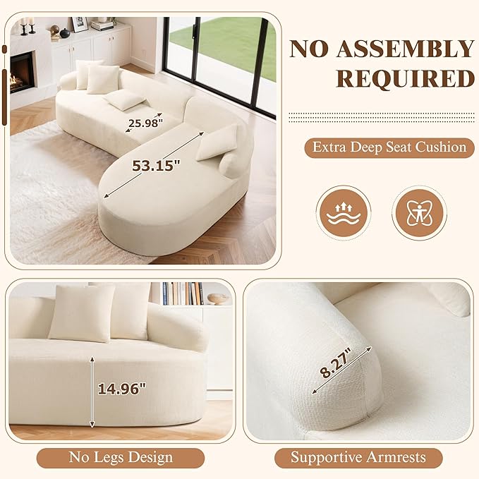 99" Curved Sectional Sofa with Chaise, Modern Boneless Couch with Deep Seat, L Shaped 3-Seater Cloud Couch for Living Room, No Assembly Needed, Chenille (Beige, Right Chaise+Left Sofa)