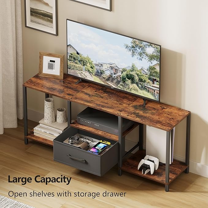 JARHETUN TV Stand with Fabric Drawer for 55 Inch TV, Entertainment Center with Open Shelves, Media TV Console Table for Living Room, Bedroom, Rustic Brown