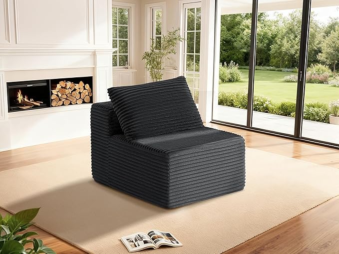 30" Cloud Sectional Couch Single Seat for Living Room, Extra Deep Seats No Assembly, Minimalist Modular Couch, Corduroy (Black, Single seat)