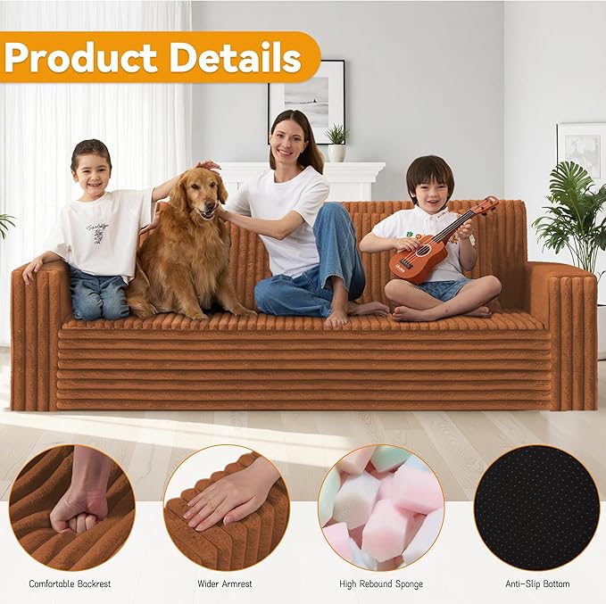 HABUTWAY 78" Loveseat Boneless Couch, 4-in-1 Convertible Sofa Bed, Plush Fur Folding Futon Sofa Bed Couches with 2 Pillows for Living Room, High-Density Foam Support, No Assembly Required, Orange