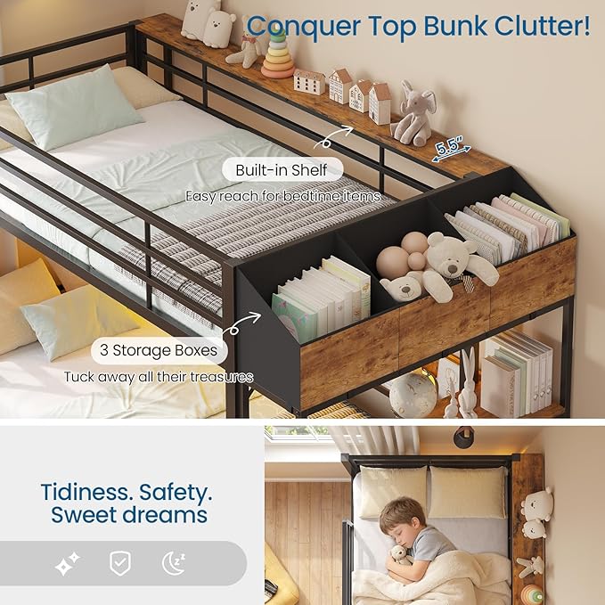 Twin Over Twin Bunk Bed with 6 Storage Drawers & 3 Boxes, Dual Side Shelves, Twin Bunk Beds for Kids with LED Lights and Charging Station, Heavy Duty Metal Bunk Bed with Safety Guardrail and Ladder