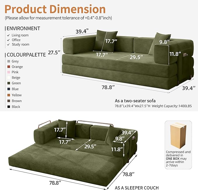 78.8" Convertible Sofa Bed with Armrest Pillow, 4-in-1 Sleeper Couch Bed for Livingroom, Modular Corduroy Boneless couches, No Assembly (Green)