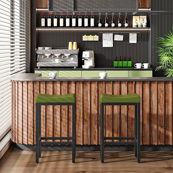 HOOBRO Bar Stools, Set of 2 Bar Chairs, Counter Height Stools, Saddle Barstools with Curved Surface, 24.8 Inches, 2.4" Thick Upholstery, for Kitchen, Dining Room, Cafe Forest Green and Black JB10BY01