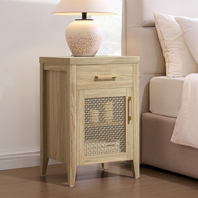 SICOTAS Tall Nightstands Set of 2 with Drawer - Farmhouse Night Stand Bedside Tables with Storage, Wooden End Tables with Metal Mesh Door and Adjustable Shelf for Bedroom, Light Walnut