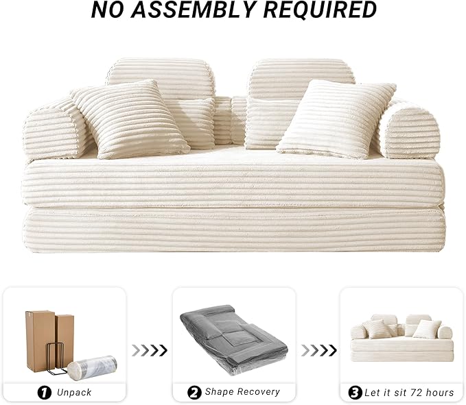 78.8" Convertible Sofa Bed with High Backrest Headrest, 5-in-1 Corduroy Boneless Couch with Side Pocket, Sleeper Loveseat Couch Bed Sectional Couches for Living Room, No Assembly, White