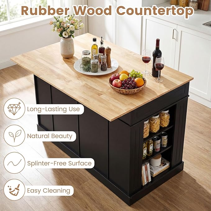 Giantex Kitchen Island with Storage & Drop Leaf, 48" Stationary Island Table with Rubber Wood Top, 2 Drawers, Cabinet, Adjustable Shelf, Butcher Block Island for Living Dining Room, Bar (Black)