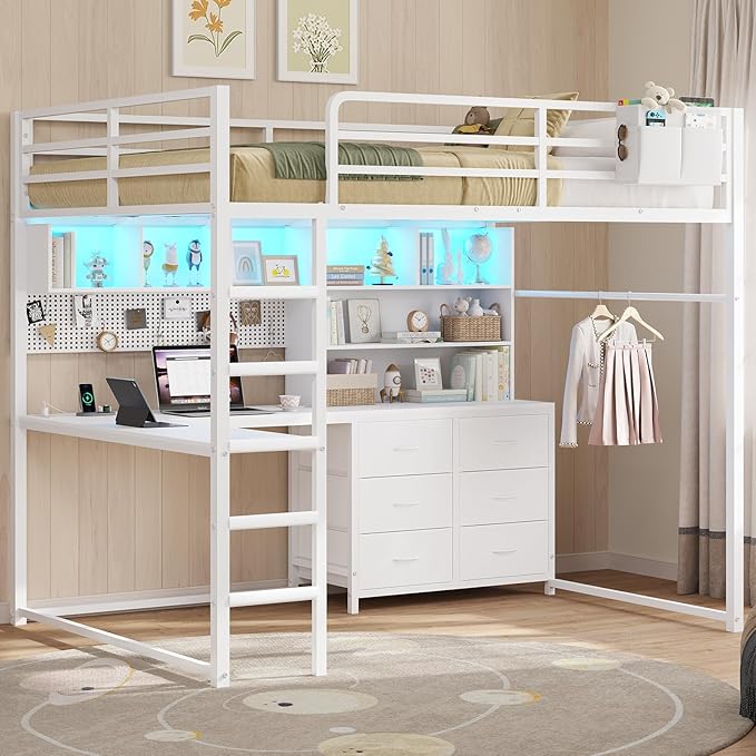 DICTAC Full Loft Bed with L-Shaped Desk,Bookshelf and Charging Station Metal Loft Bed Full Size with 6 Storage Drawers,Open Shelves and Hutch,Teens loft beds with Led Lights and Safety Guardrail,White