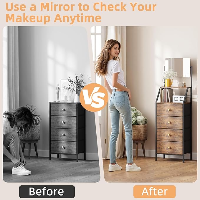 HIGDBFE 4-Drawer Dresser with Mirror, Vanity with 2-Tier Shelves, Fabric Chest of Drawers for Small Space, Vertical Storage Cabinet for Bedroom, Nightstand Bedside Table, Rustic Brown, 15.3" W