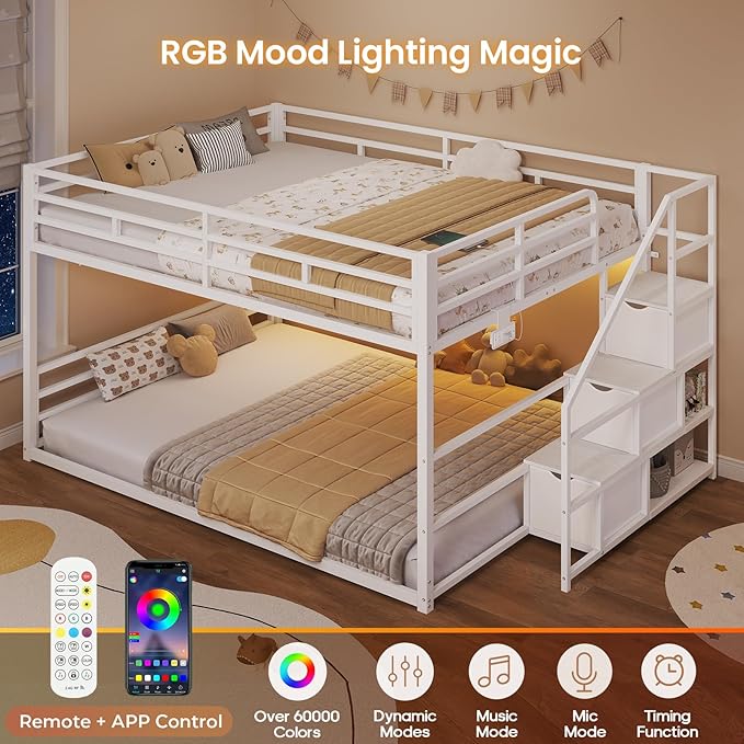 ADORNEVE Low Bunk Bed Full Over Full with Stairs, 3 Storage Drawers & Power Outlet, Full Size Metal Floor Bunk with RGB Lights & Shelves, Space-Saving Kids Bed, White