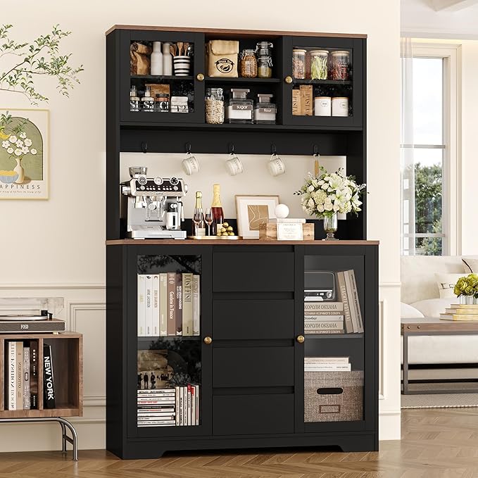 HIFIT 71" Tall Coffee Bar Cabinet with Storage and Large Countertop, Kitchen Hutch with 4 Drawers & 5 Metal Hooks & 4 Doors & Microwave Stand, Black Kitchen Pantry Cabinet for Dining Room