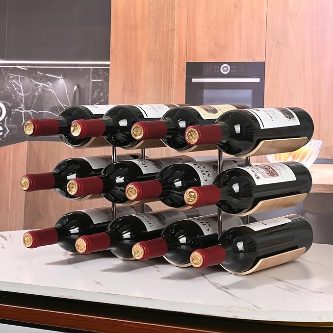 Countertop Wine Rack - 12 Bottle Freestanding Wine Bottle Holder Stand - 3 Tier Wooden Wine Storage Rack - Wavy Wine Organizer for Cabinet Pantry Home Kitchen Bar
