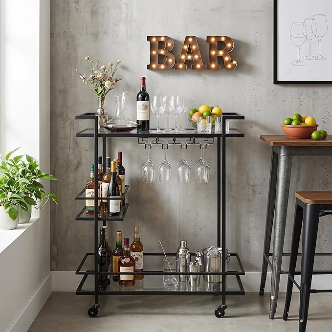 Black Bar Cart, 2-Tier Glass Shelves Rolling Serving Cart with Wheels, Modern Mobile Home Bar Trolley for Kitchen, Living Room, and Dining Room