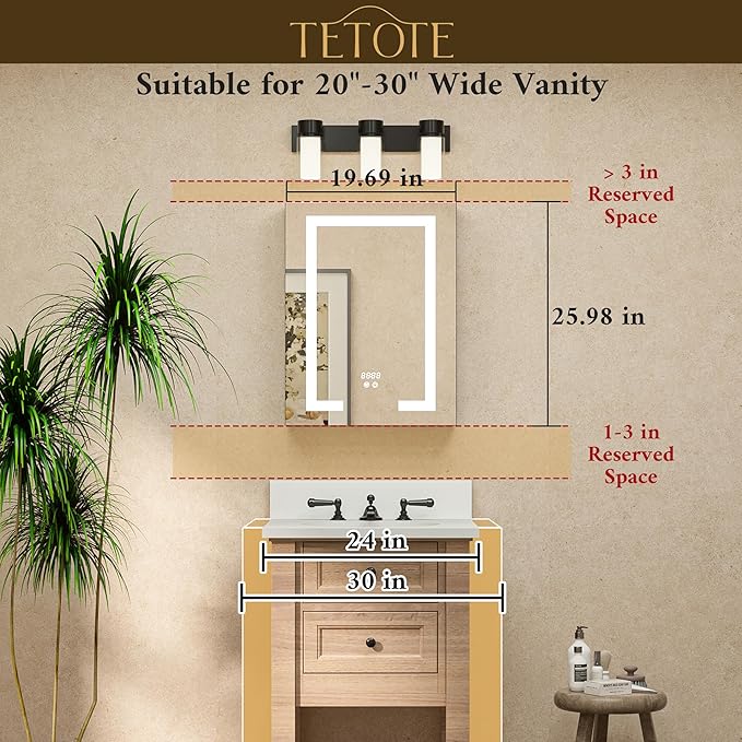 TETOTE LED Lighted Medicine Cabinet Mirror for Bathroom 20 x 26 Tempered Glass Recessed or Wall Mounted Cabinet with Storage & Outlets & USB, 3-Color Dimming Led Lights, Defogger, Adjustable Shelve