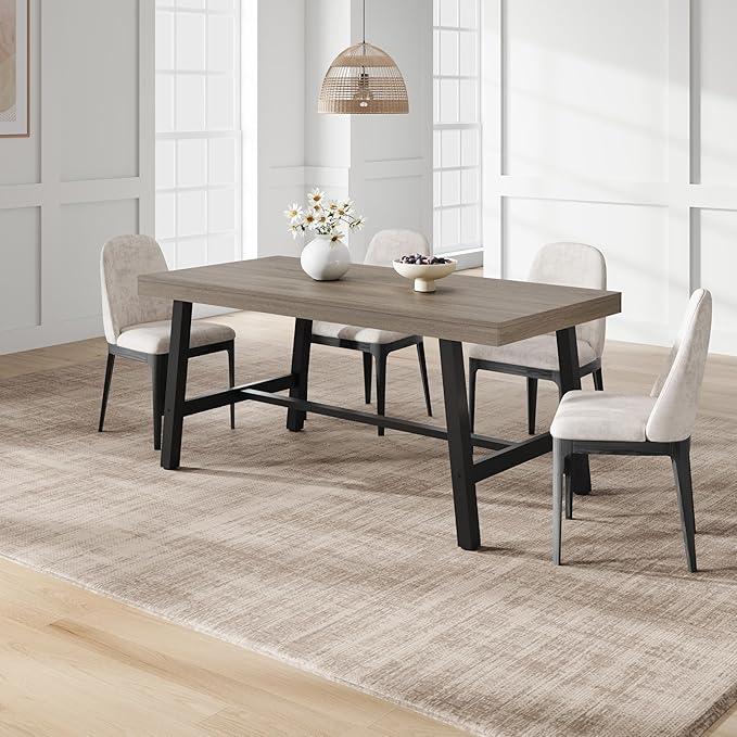 GarveeHome Industrial Dining Table for 4-6 People, 63" Long Kitchen Table with Sturdy Metal Frame, Rectangular Counter for Dinner, Kitchen, Dining Room (Grey Walnut, 63" Non-extendable)