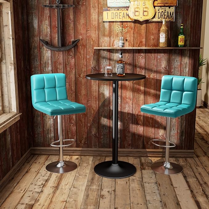 Homall Bar Stools Modern PU Leather Adjustable Swivel Barstools, Armless Hydraulic Kitchen Counter Bar Stool Extra Height Square Island Barstool with Back Set of 2 (Leather, Blue)