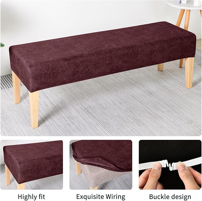 FORCHEER Dining Room Chair Seat Covers Set of 4 with 1 PC Bench Cover Set Faux Leather Fabric Anti-Dust Removable Seat Protector for Dining Room- 4 PCS Chair Cover+1 PC Bench Cover(Wine red)