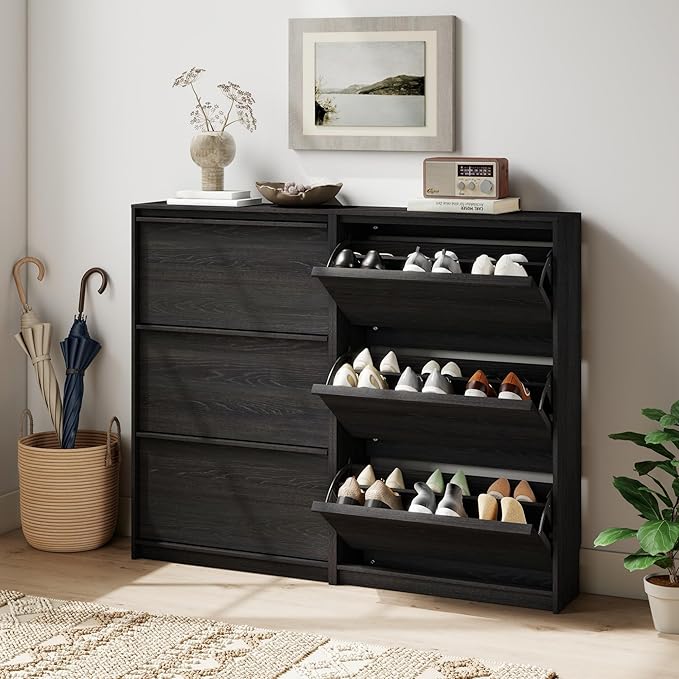 Shoe Cabinet with 3 Flip Drawers, 23.62" W Narrow Shoe Storage Cabinet for Entryway, Slim Shoe Organizer with Adjustable Shelves, Freestanding Shoe Rack for Hallway, Living Room, Black