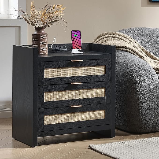 SICOTAS Nightstands Set of 2 Bedside Table - Larger Rattan Night Stand with Type-C Charging Station, 3 Drawers Storage - Boho Tall Night Stands End Table for Bedroom Office - Black Oak