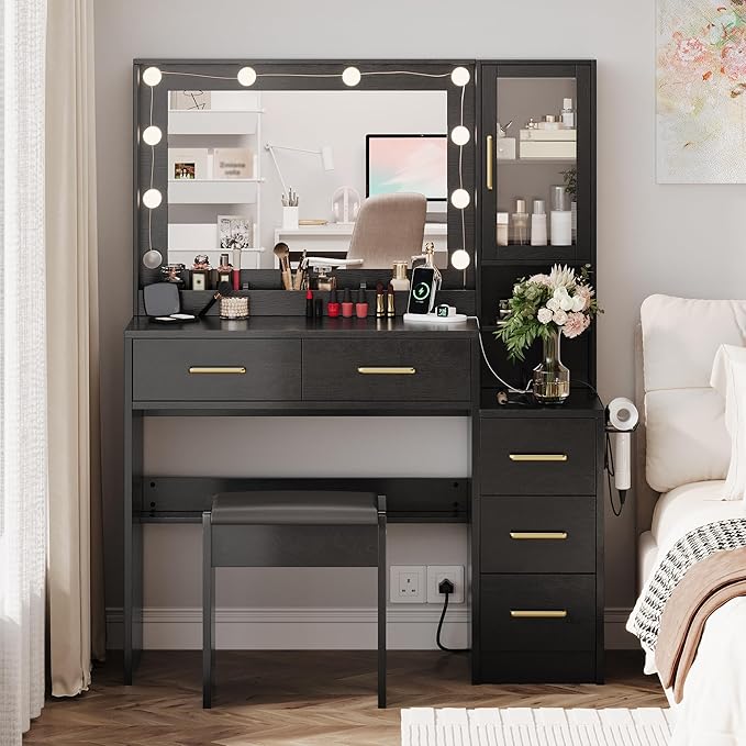 TOKSOM Makeup Vanity with Lights & Charging Station, Black Vanity Table with 5 Drawers & Open Storage Shelves, Bedroom Makeup Dressing Table Set for Women Girls Golden Handles