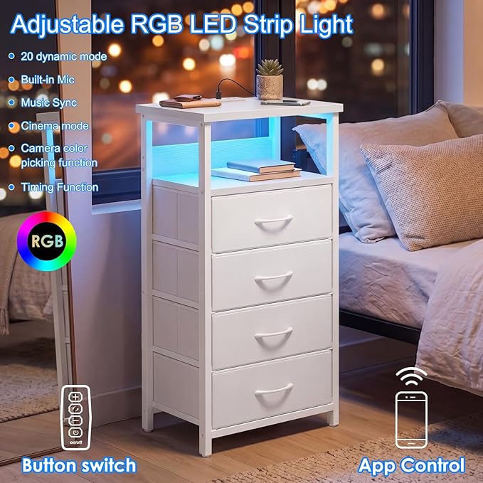 Fixwal Tall Nightstand with Charging Station, Night Stand with U-S-B Ports and Outlets, 4 Fabric Storage Drawers with PU Finish, Small Dresser Bed Side Table, White