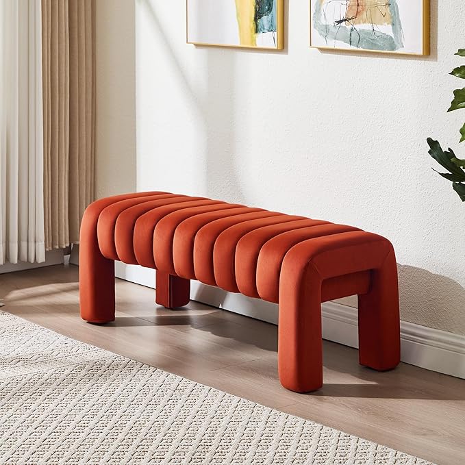 43.3" Bedroom Bench, Upholstered Entryway Bench, Modern End of Bed Ottoman with Solid Wood Legs and Adjustable Foot Pegs for Entryway, Dining Room and Living Room (Rust Velvet)