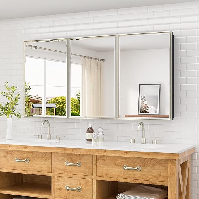 TETOTE Large Bathroom Medicine Cabinet 60" x 30", Brushed Nickel Bathroom Mirror with Storage Shelves, Beveled Framed, DTC Hinge, Surface Mount or in Wall