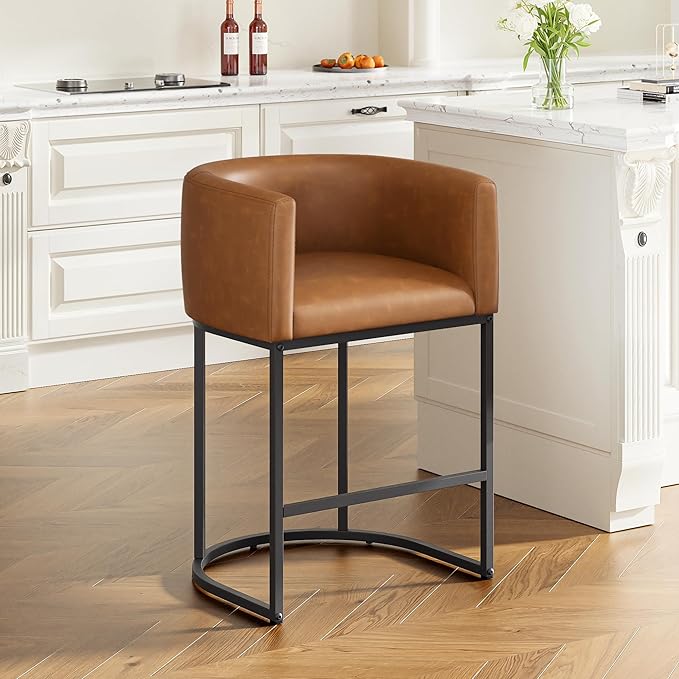 26" H Counter Height Bar Stools Set of 1, Modern Barrel Counter Stools with Backrest and Arms, Faux Leather Upholstered Accent Barstools for Kitchen Island,Support 450 LBS (Walnut Brown